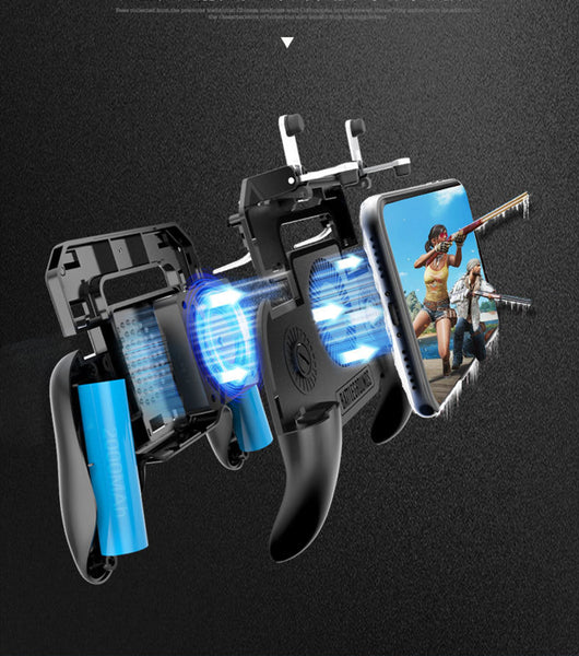 Black 3-in-1 phone gamepad with blue cooling fan, trigger buttons, and ergonomic grips for mobile gaming. - Image 3
