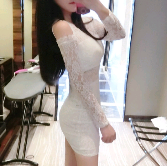 Vestido de Encaje Ajustado con Escote en V y Mangas Largas para Salidas Nocturnas - Image 2