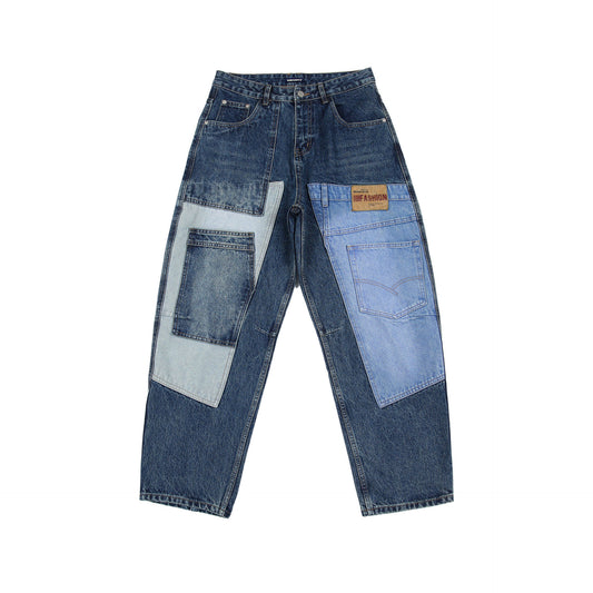Jeans Vintage Deconstruido con Parches Pesados Lavado Retro