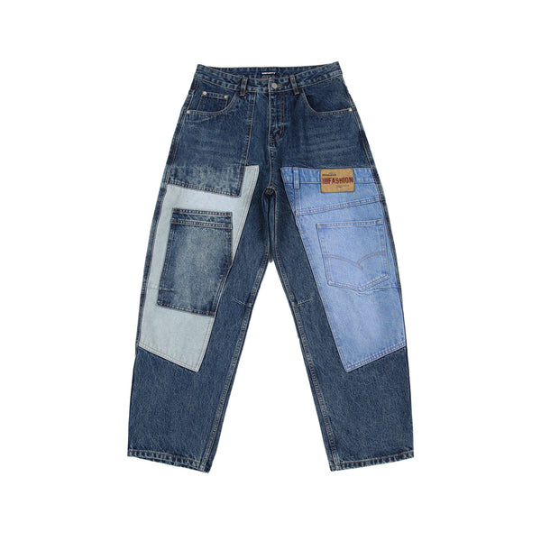 Jeans Vintage Deconstruido con Parches Pesados Lavado Retro