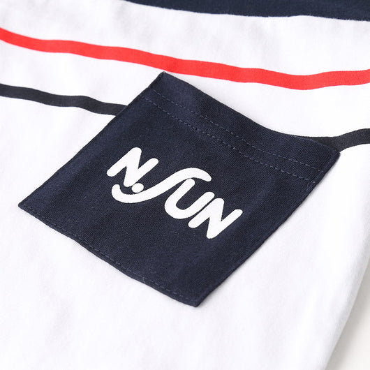 Navy blue children's shorts with white ribbed waistband, beige drawstring, and side pockets. Features red, white, and black side stripes and "LOVING FAMILY" tex - Image 10