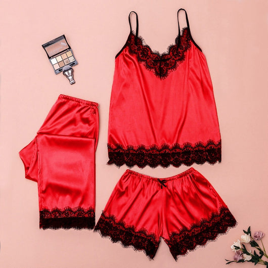 Pijama de Tres Piezas con Encaje de Pestañas y Moño en Escote V - Image 13