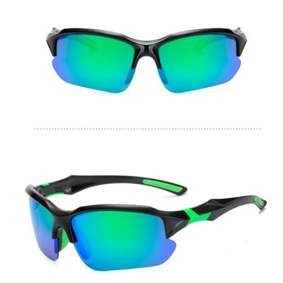 Black sports sunglasses with blue polarized lenses, shown from a front view and a three-quarter side view.