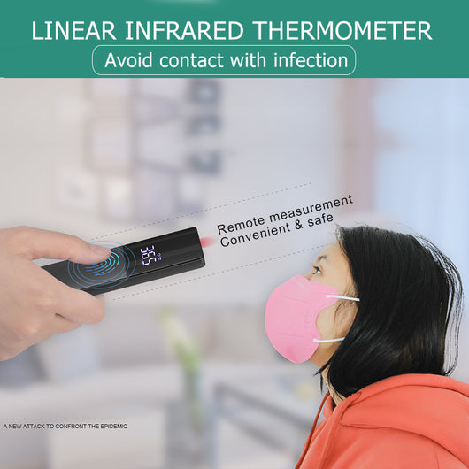 Two black full-screen infrared thermometers with digital displays showing 36.5 °C, one upright and one tilted. - Image 6