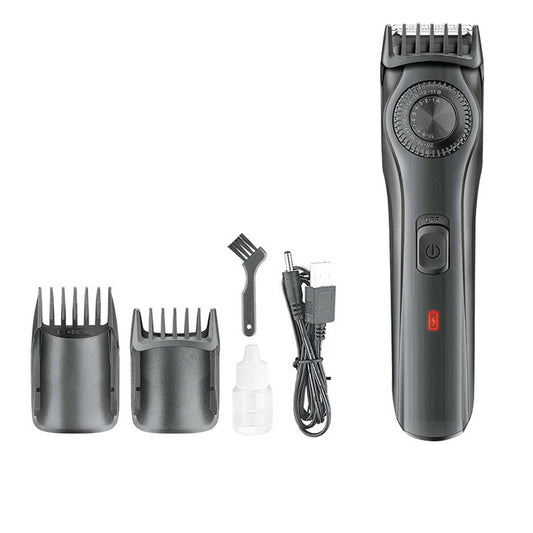 Black adjustable electric hair clipper with two guide combs, USB cable, oil, and cleaning brush, shown with its retail box. - Image 2