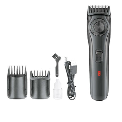 Black adjustable electric hair clipper with two guide combs, USB cable, oil, and cleaning brush, shown with its retail box. - Image 2