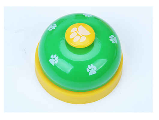 Blue and yellow pet training bell with white paw print designs and a large yellow button on top. - Image 4
