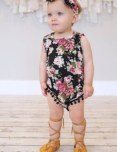 Conjunto Floral Oscuro para Bebé - Enterizo Estampado con Diadema