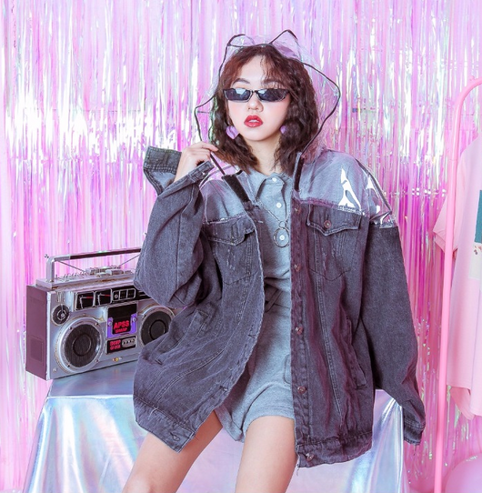 Chaqueta Denim Transparente Hip Hop Retro Oversized con Capucha