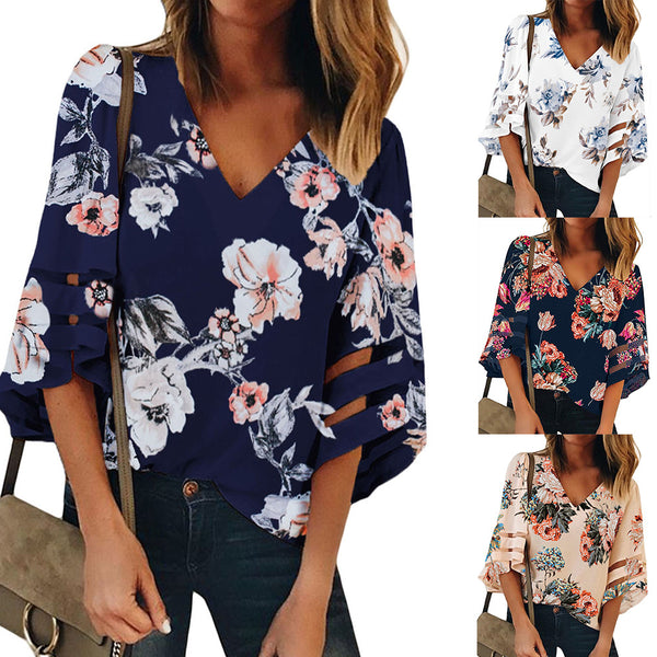 Blusa Escote V con Mangas Acampanadas Tres Cuartos