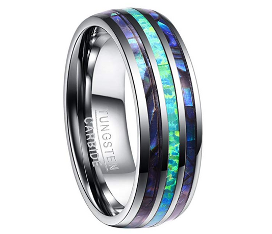 Anillo de Boda Tungsteno 8mm con Ópalo Sintético y Concha Abalone para Hombre y Mujer