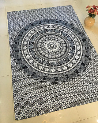 Large blue mandala hanging cloth with a detailed circular pattern and floral borders, made of chemical fiber. - Image 12