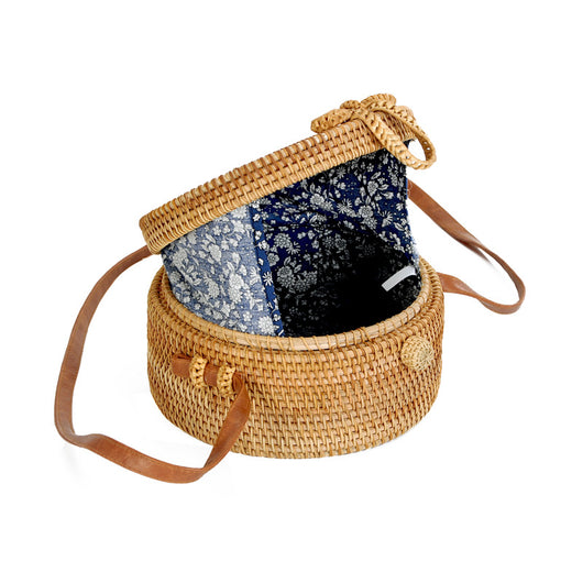 Bolsa de Playa Redonda de Ratán con Forro Floral Retro - Image 4