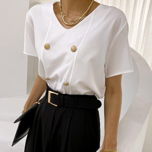Camisa Suelta Doble Botonadura con Chal Contrastante Desmontable - Image 4