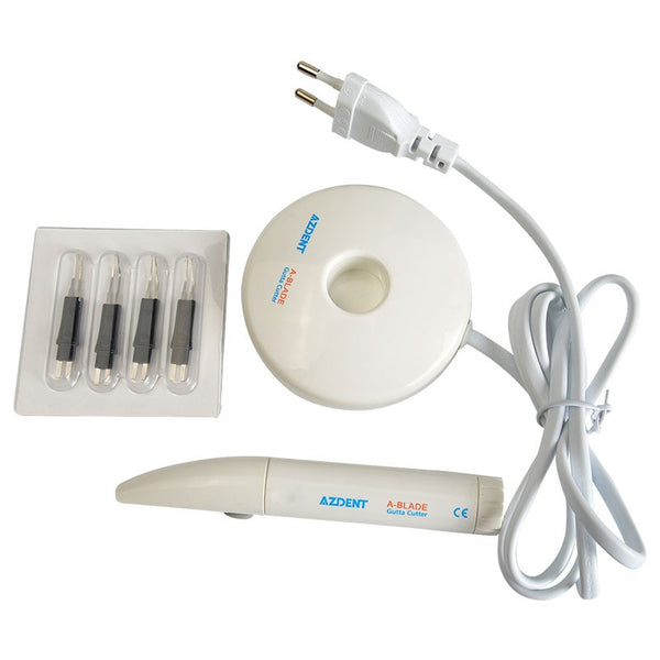 AZDENT A-Blade dental gutta percha cutter set with white charging base, handheld pen, and four replacement tips.
