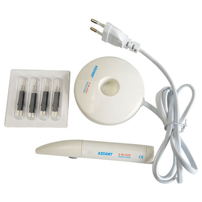 AZDENT A-Blade dental gutta percha cutter set with white charging base, handheld pen, and four replacement tips.