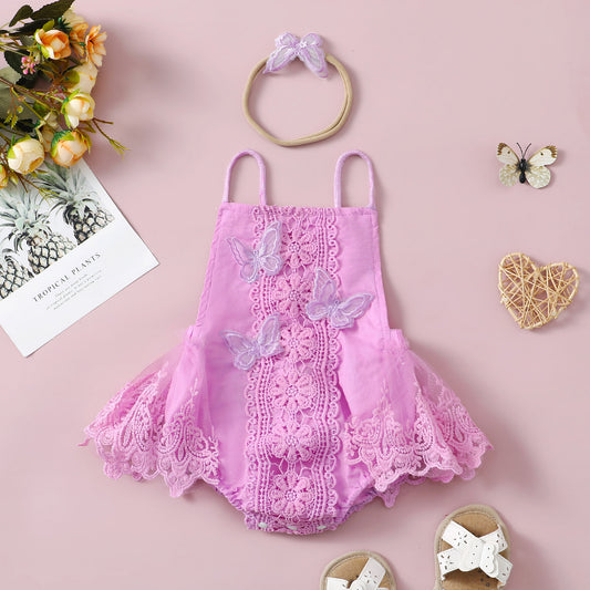 Vestido Princesa Niña con Encaje de Mariposas y Diadema