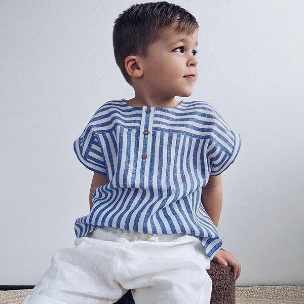 Camiseta Infantil de Lino Algodón Estilo Mori - Manga Corta con Botones Delanteros