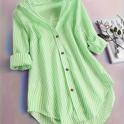 Camisa Casual Suelta a Rayas con Botones y Mangas Largas para Mujer - Image 10