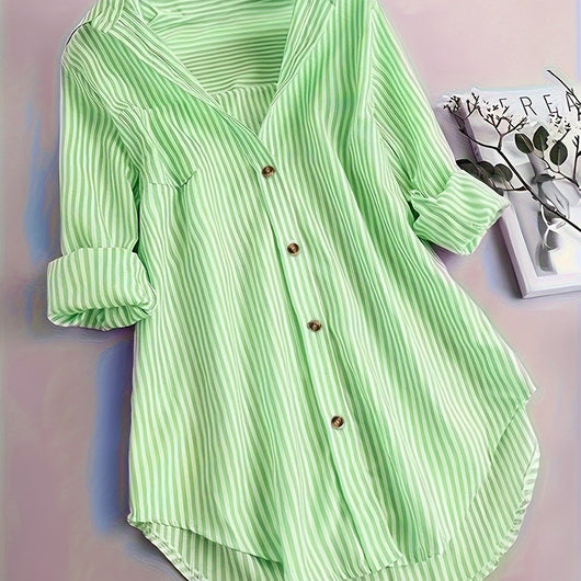 Camisa Casual Suelta a Rayas con Botones y Mangas Largas para Mujer - Image 10