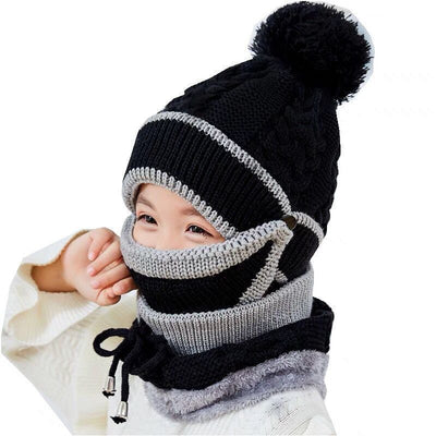 Young child wearing a pink and grey knitted hat with a pom-pom and a matching neck warmer with a drawstring. - Image 12