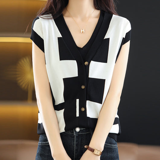Cardigan Tejido para Mujer Cuello V Contraste de Colores - Image 8