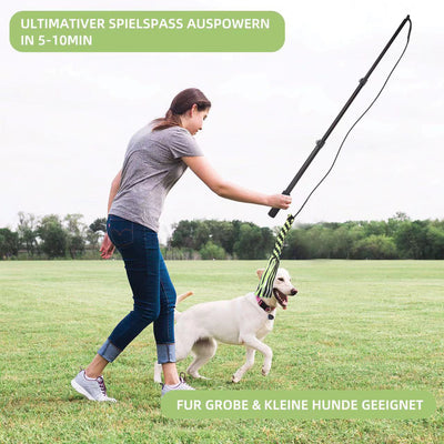 Telescopic dog teasing rod toy with black foam grip and multiple colorful rope attachments, including a carrying bag. - Image 32