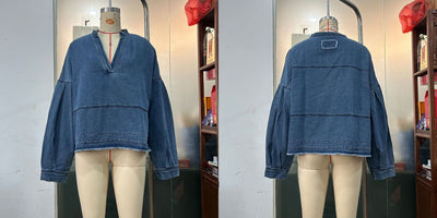 Blusa Denim Holgada de Cuello V y Manga Larga Versátil - Image 30