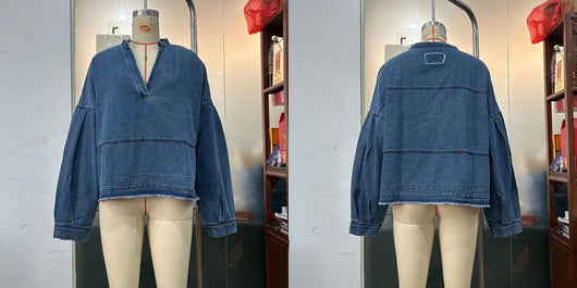 Blusa Denim Holgada de Cuello V y Manga Larga Versátil - Image 30
