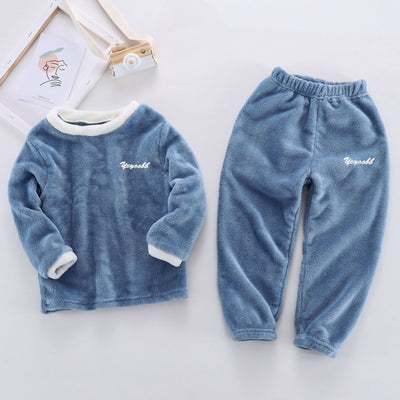 Reddish-brown coral velvet children's loungewear set with a long-sleeved top and matching pants, featuring white trim. - Image 4