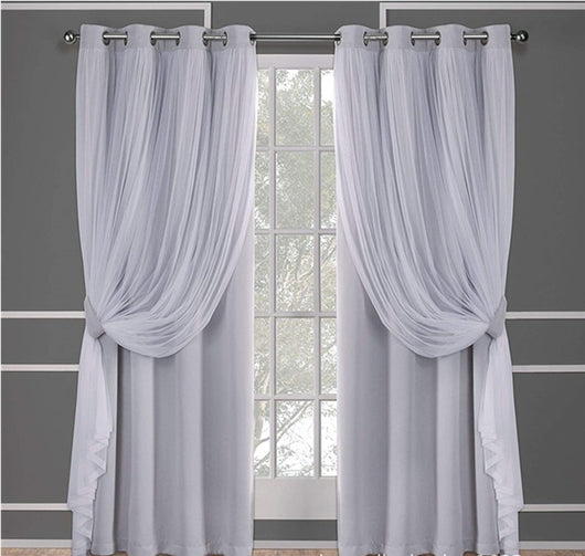 Dark blue double layer shading curtains with white sheer lace overlays, hung on a silver grommet rod. - Image 3