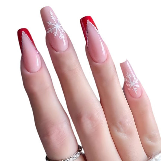 Uñas Postizas Navideñas con Diseño de Copos de Nieve y Rayas - Image 2