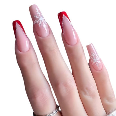 Uñas Postizas Navideñas con Diseño de Copos de Nieve y Rayas - Image 2