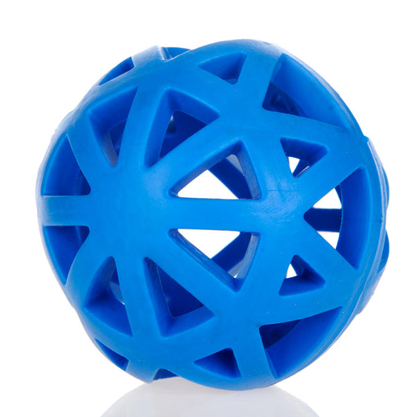 Blue TRP dog chew toy, a bite-resistant molar ball with a hollow, geometric design for dental health.