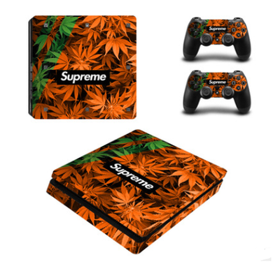 PS4 Slim console and controller skins featuring a vibrant green cannabis leaf pattern with a white Supreme logo. - Image 2