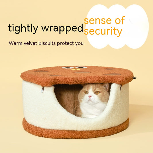 Cama Nido para Gatos con Forma de Galleta - Diseño Semicerrado