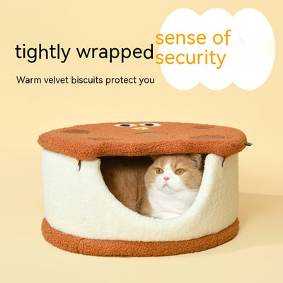 Cama Nido para Gatos con Forma de Galleta - Diseño Semicerrado