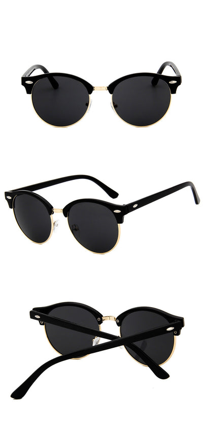 Retro clubmaster sunglasses with black frames, dark lenses, and gold-tone metal accents, shown from multiple angles. - Image 4