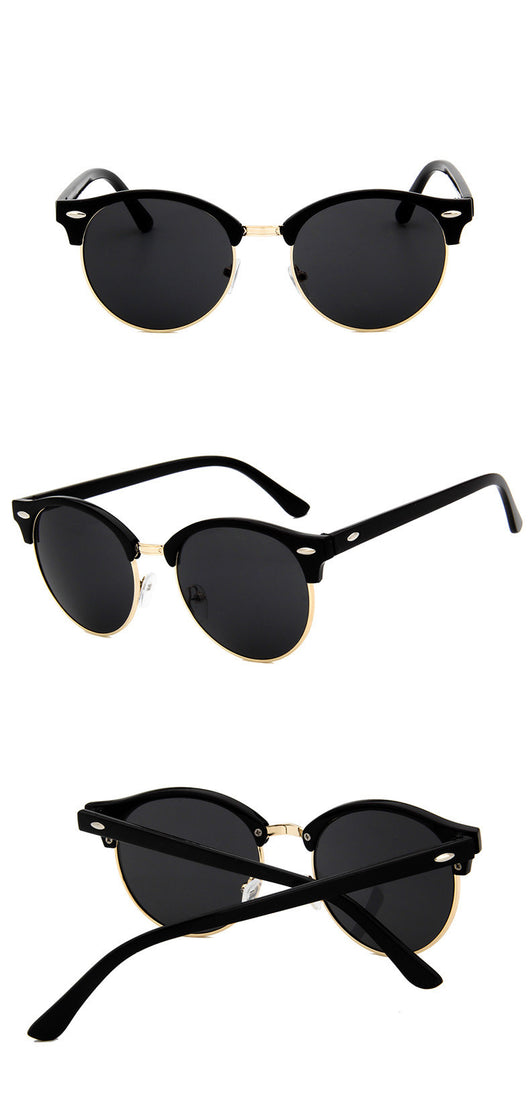 Retro clubmaster sunglasses with black frames, dark lenses, and gold-tone metal accents, shown from multiple angles. - Image 4