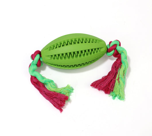 Green rubber pet molar toy with a football shape and textured surface, featuring red and green braided rope knots. - Image 7