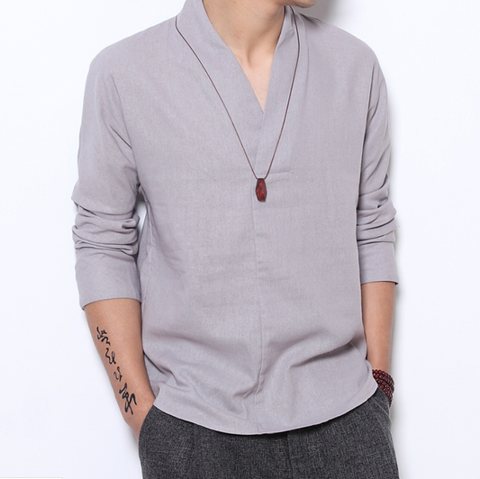 Camisa Lino Manga Larga Estilo Chino Retro para Hombre
