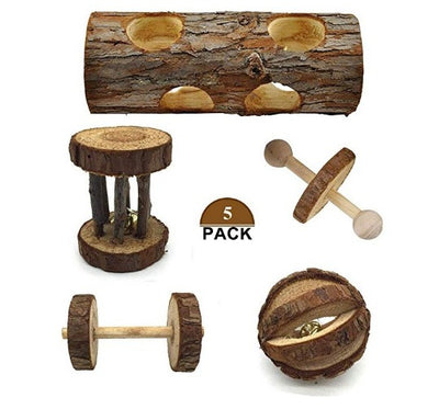 Set of natural wooden hamster toys including dumbbell shapes, a spherical bell toy, and two cylindrical bell toys, with a hamster. - Image 20