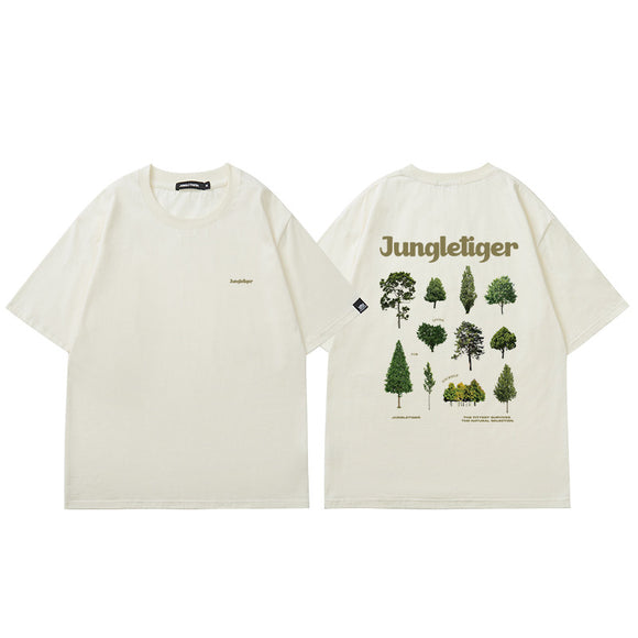 Camiseta Holgada con Estampado Botánico Cuello Redondo Manga Corta