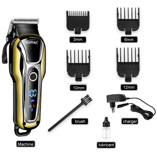Professional Kemei hair clipper, electric shaver, and ornate gold beard trimmer with guide combs, cleaning brush, USB cable, and oil.