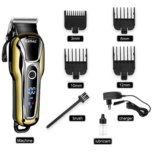 Professional Kemei hair clipper, electric shaver, and ornate gold beard trimmer with guide combs, cleaning brush, USB cable, and oil.
