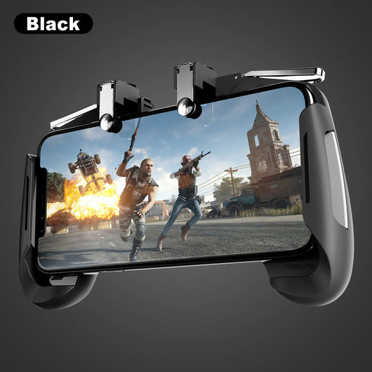 Black and white mobile game controller with L1R1 triggers holding a smartphone displaying a shooter game. - Image 13