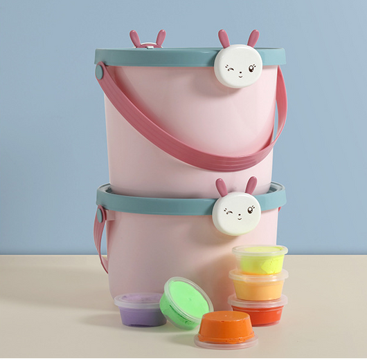 Two plastic storage buckets, one small and one large, with light blue bodies and orange lids featuring cartoon reindeer faces. - Image 11