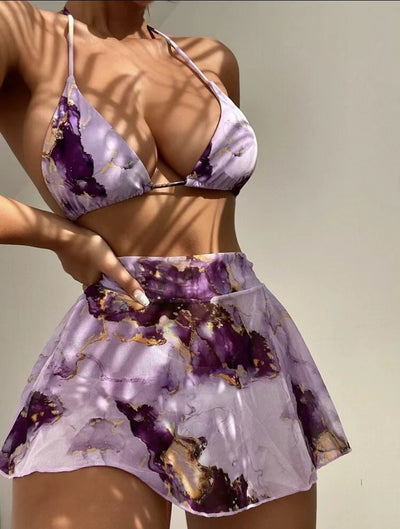Traje de Baño Tres Piezas Estampado Mármol con Ajuste Cordón - Image 15