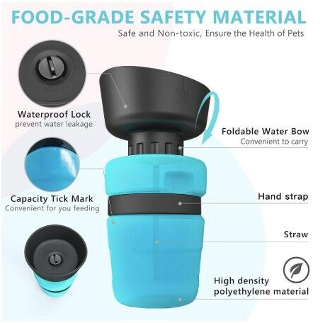 Pink and black foldable pet water bottle with integrated bowl, shown extended and collapsed, with a dog drinking. - Image 12
