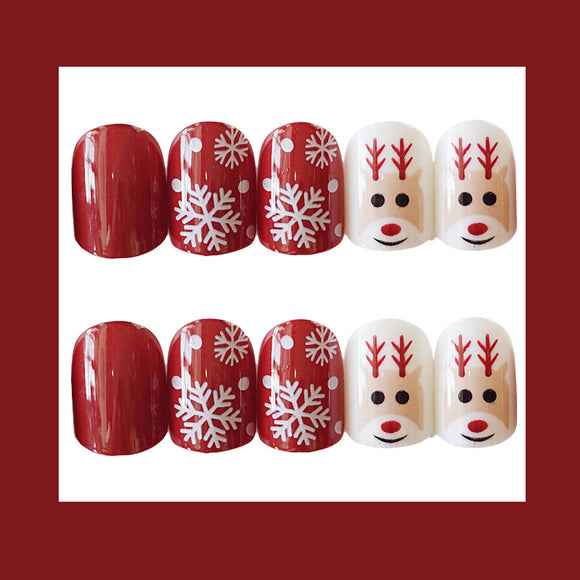 Uñas Postizas Navideñas con Diseño de Reno y Copos de Nieve